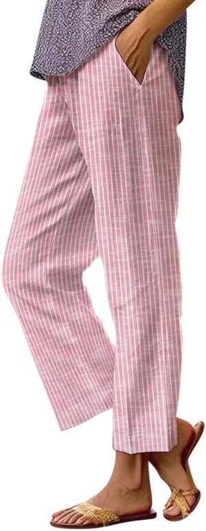Women's Casual Boho Floral Print Cotton Linen Pants Elastic Waisted Drawstring Summer Spring Beach Baggy Capri