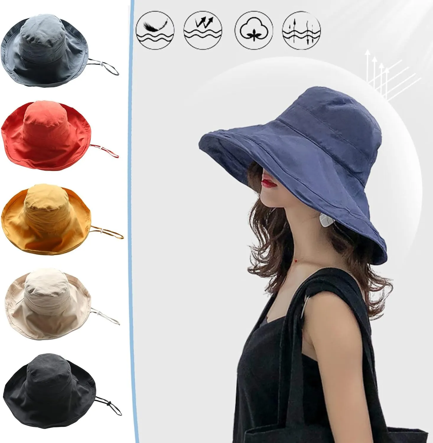 Women's Cotton Wide Brim Sun Hats Vintage Cloche Bucket Hats Rollable Fisherman Sun Cap Beach Travel Accessories