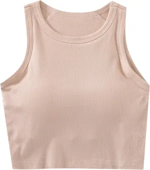 Women's Crop Tank Tops with Shelf Bras Casual Seamless Workout Yoga Bra Round Neck Padded Solid Athletic Tops