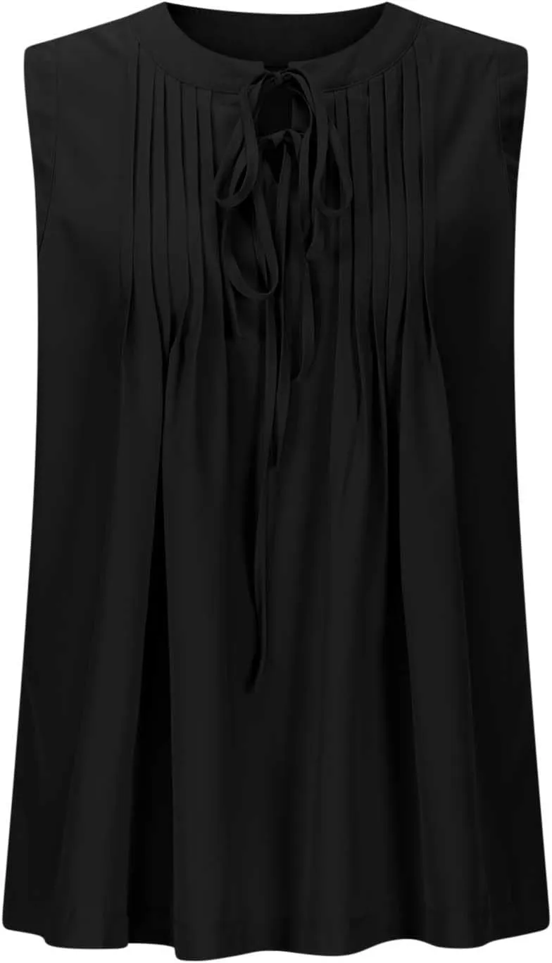Womens Cute Pleated Tank Top Sleeveless Shirts Flowy Lace-Up V Neck Summer Tops Loose Fit Business Casual Outfits