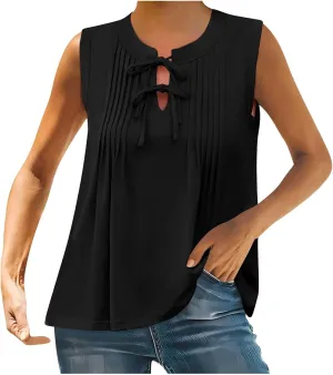 Womens Cute Pleated Tank Top Sleeveless Shirts Flowy Lace-Up V Neck Summer Tops Loose Fit Business Casual Outfits