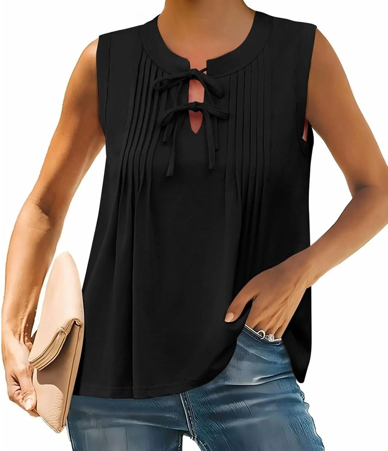 Womens Cute Pleated Tank Top Sleeveless Shirts Flowy Lace-Up V Neck Summer Tops Loose Fit Business Casual Outfits
