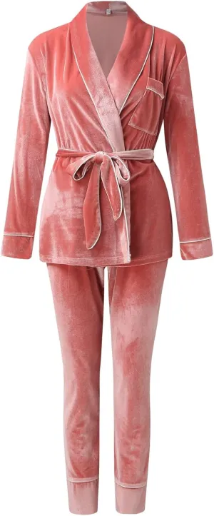 Womens Fuzzy Pajama Sets Fall Winter Long Sleeve Tops with Pants Pj Suit Fleece Flannel Loungewear Set with Pocekets