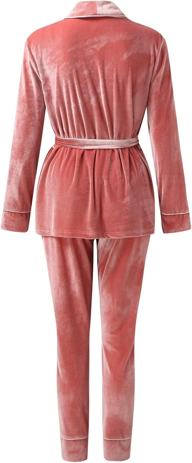 Womens Fuzzy Pajama Sets Fall Winter Long Sleeve Tops with Pants Pj Suit Fleece Flannel Loungewear Set with Pocekets