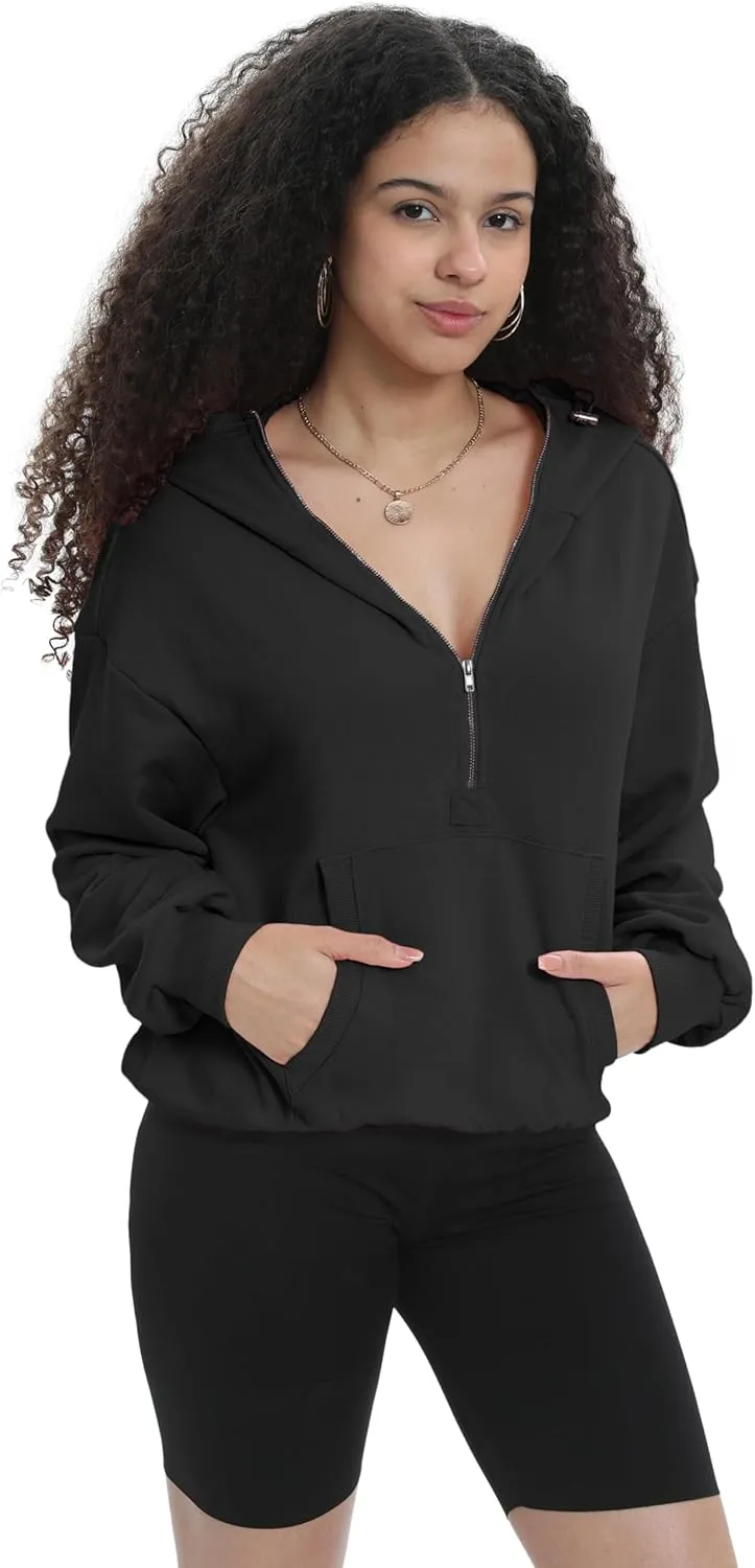 Womens Half Zip Up Hoodie Cowl Neck Sweatshirts Cropped Quarter Zip Pullover Cute Soft Spring Tops