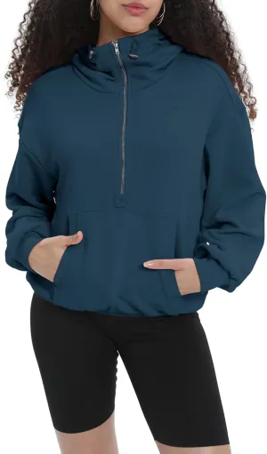 Womens Half Zip Up Hoodie Cowl Neck Sweatshirts Cropped Quarter Zip Pullover Cute Soft Spring Tops