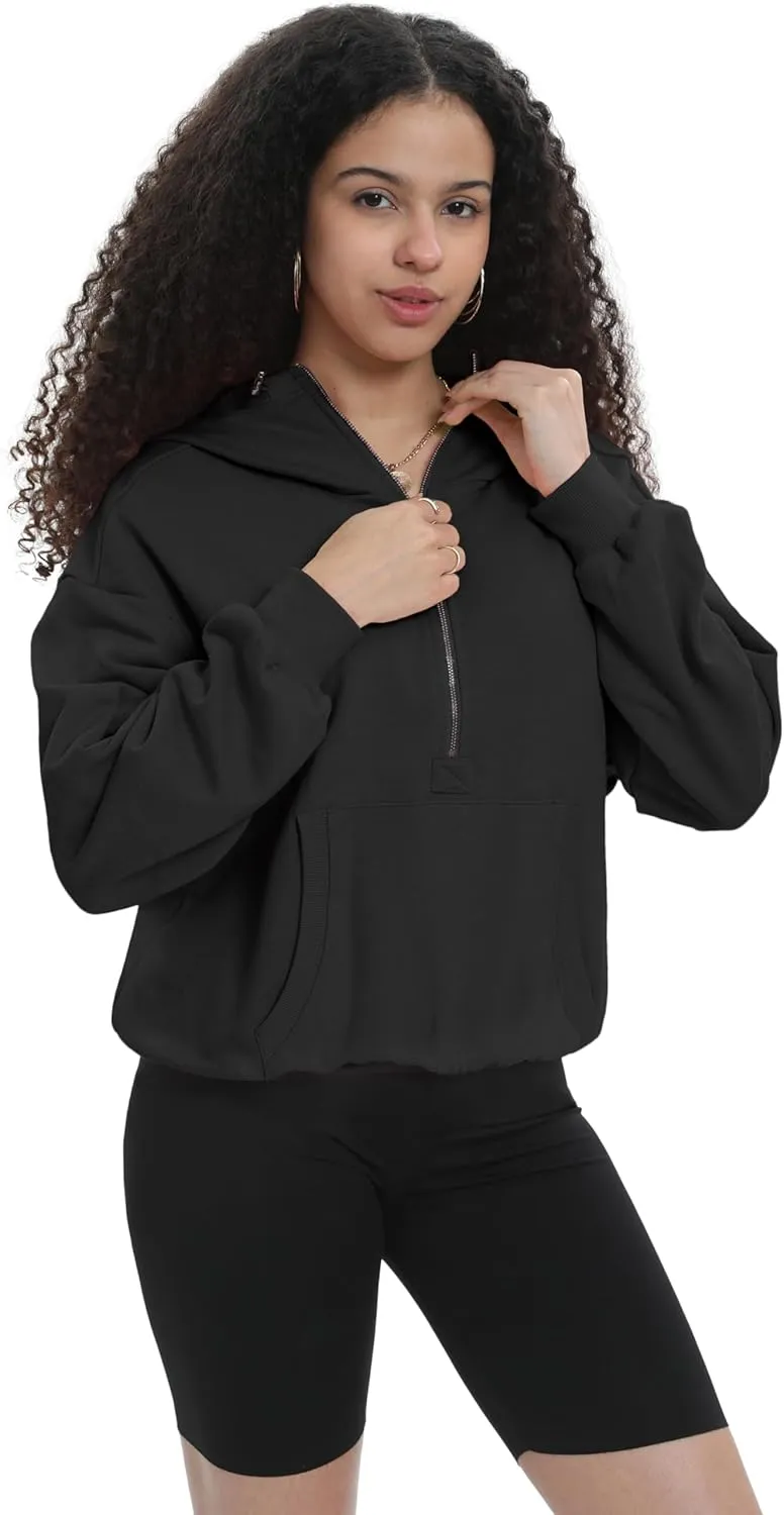 Womens Half Zip Up Hoodie Cowl Neck Sweatshirts Cropped Quarter Zip Pullover Cute Soft Spring Tops