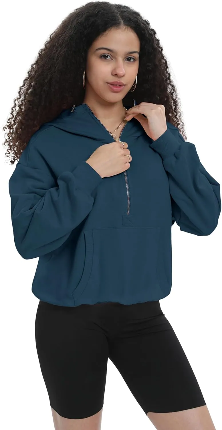 Womens Half Zip Up Hoodie Cowl Neck Sweatshirts Cropped Quarter Zip Pullover Cute Soft Spring Tops