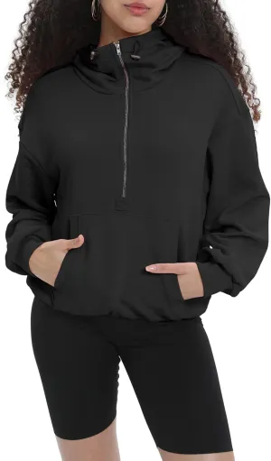 Womens Half Zip Up Hoodie Cowl Neck Sweatshirts Cropped Quarter Zip Pullover Cute Soft Spring Tops