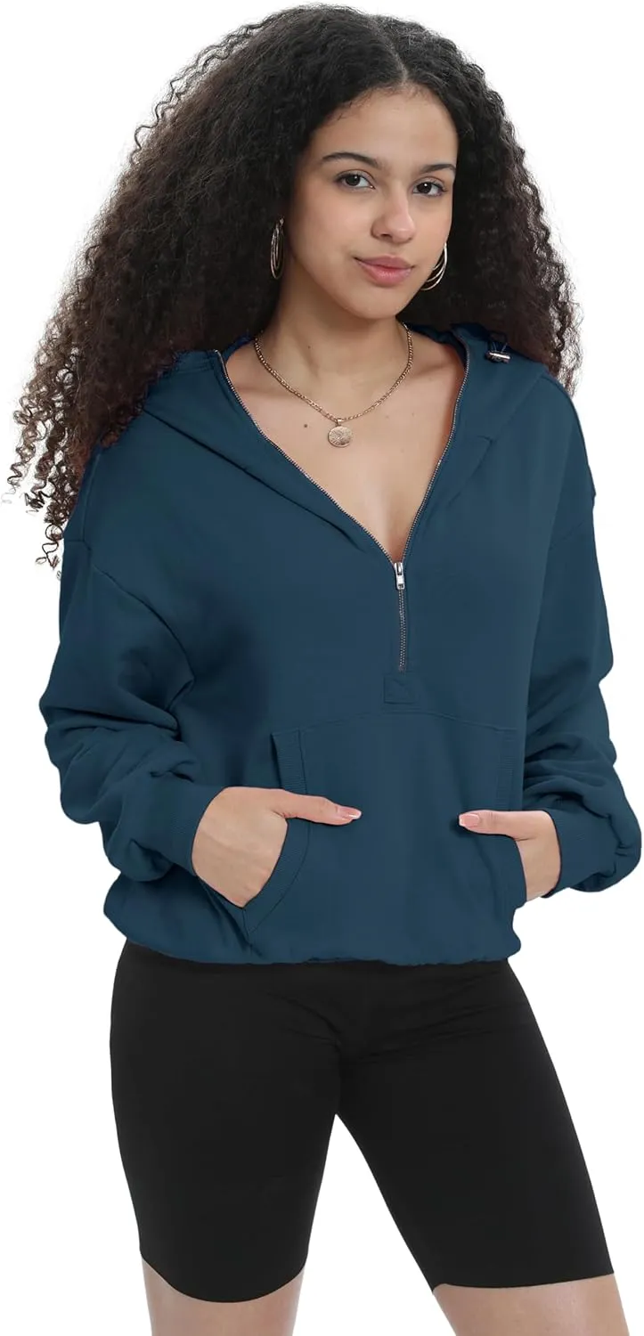 Womens Half Zip Up Hoodie Cowl Neck Sweatshirts Cropped Quarter Zip Pullover Cute Soft Spring Tops