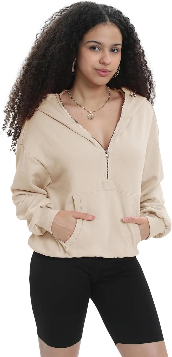 Womens Half Zip Up Hoodie Cowl Neck Sweatshirts Cropped Quarter Zip Pullover Cute Soft Spring Tops