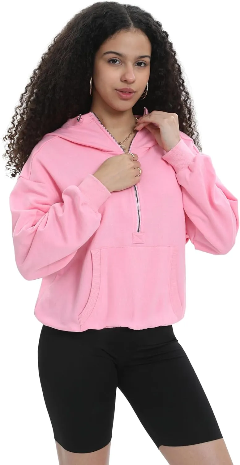 Womens Half Zip Up Hoodie Cowl Neck Sweatshirts Cropped Quarter Zip Pullover Cute Soft Spring Tops