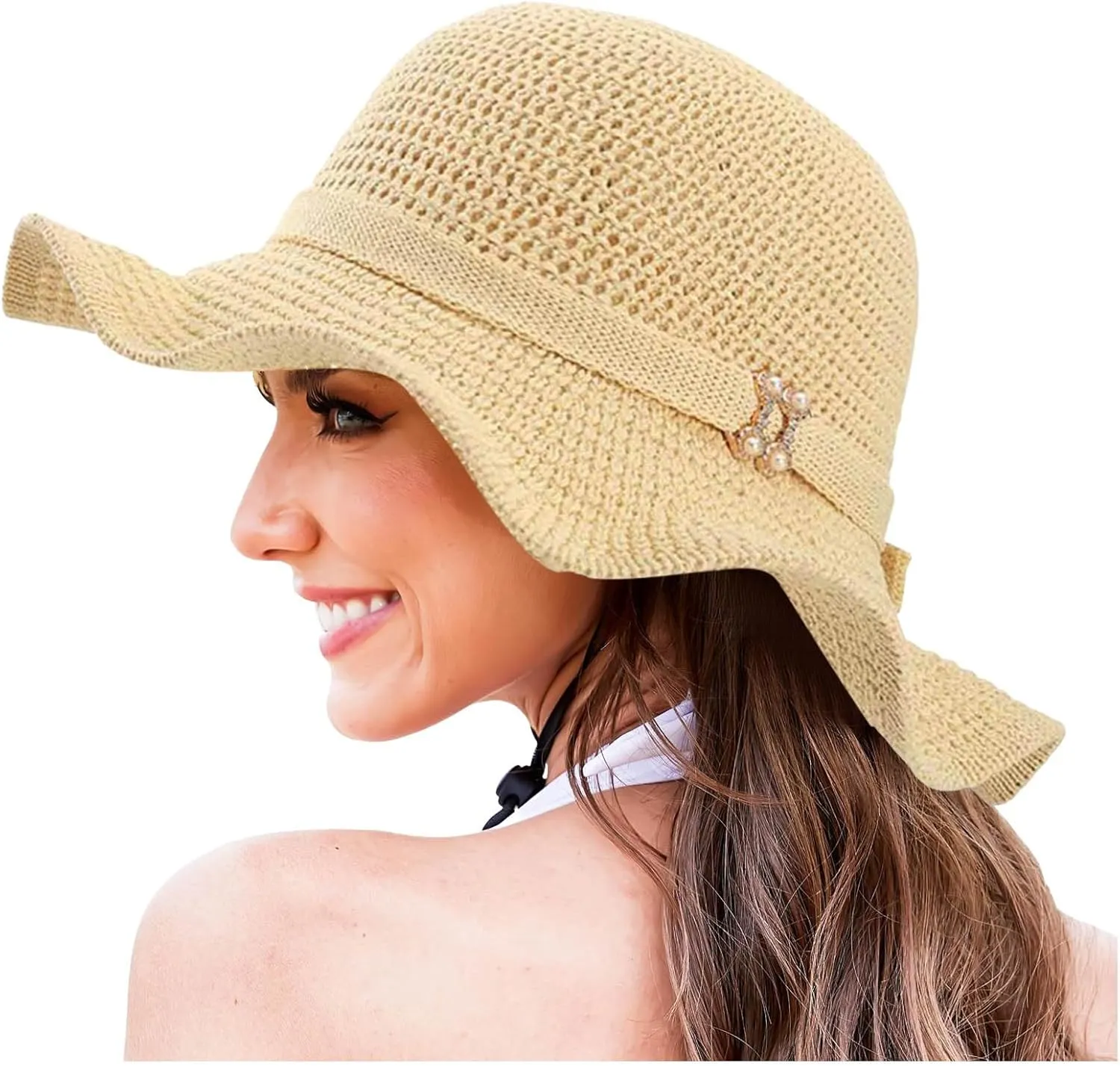 Womens Hat Summer Sun Hat Beach Tourism Hat Ruffle Edge Bow Sun Hat Shade Hats for Men