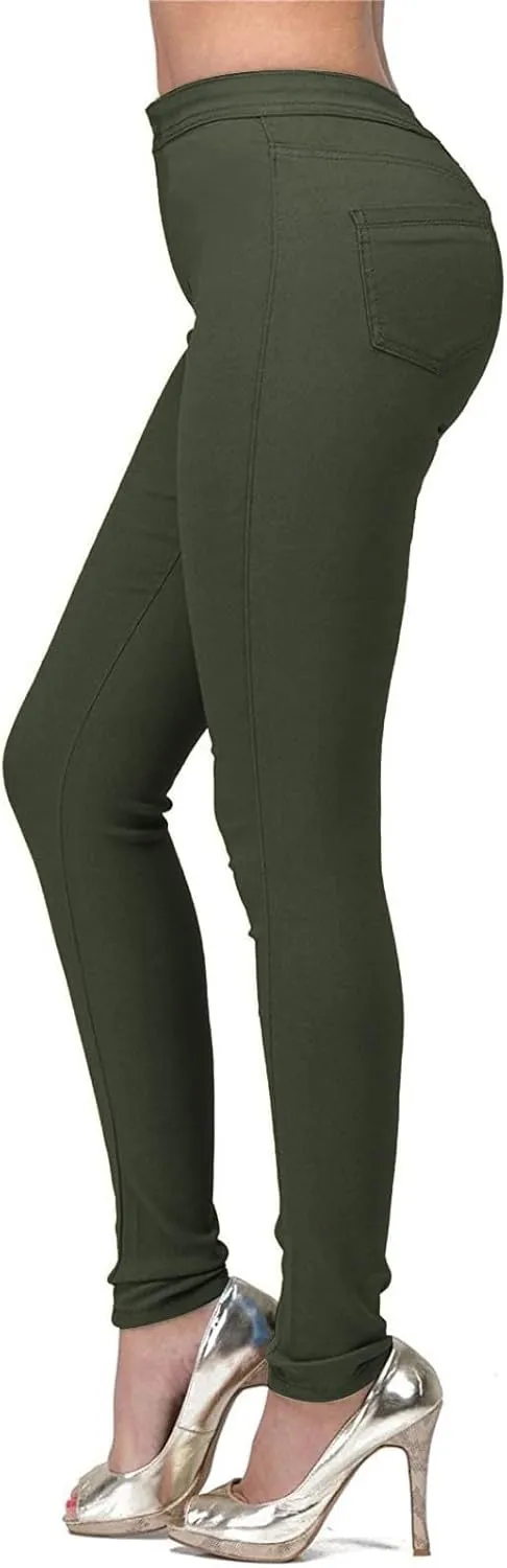 Women's Jeggings with Pockets, Skinny Fit Denim Look, High Waisted Stretchy Pull On Pants, Full-Length & Capri
