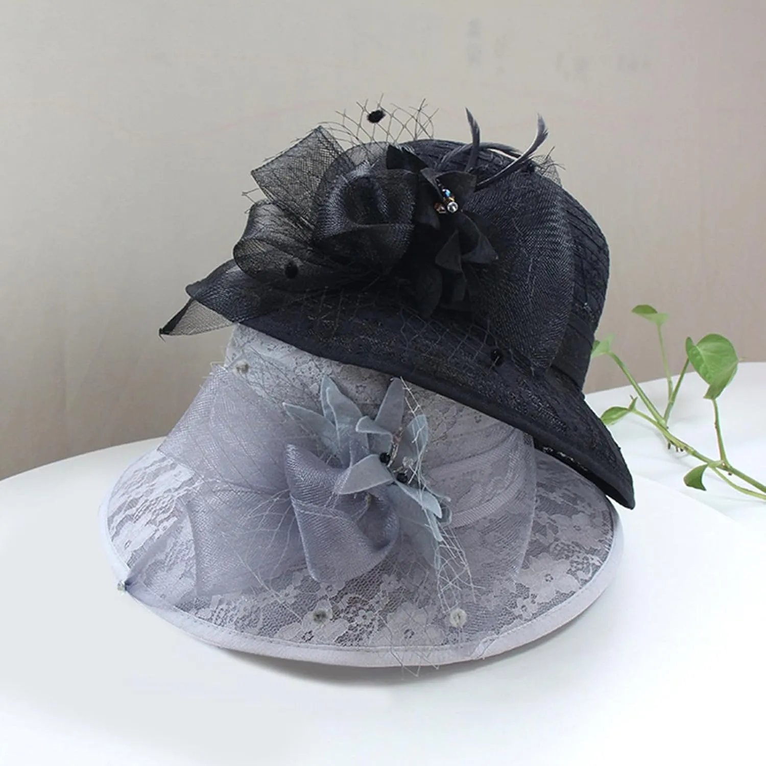 Women's Lace Mesh Flower Top Hat Summer Shade Foldable Sunblock Basin Hat Outdoor Large Rim Beach Sun Wicker Hat