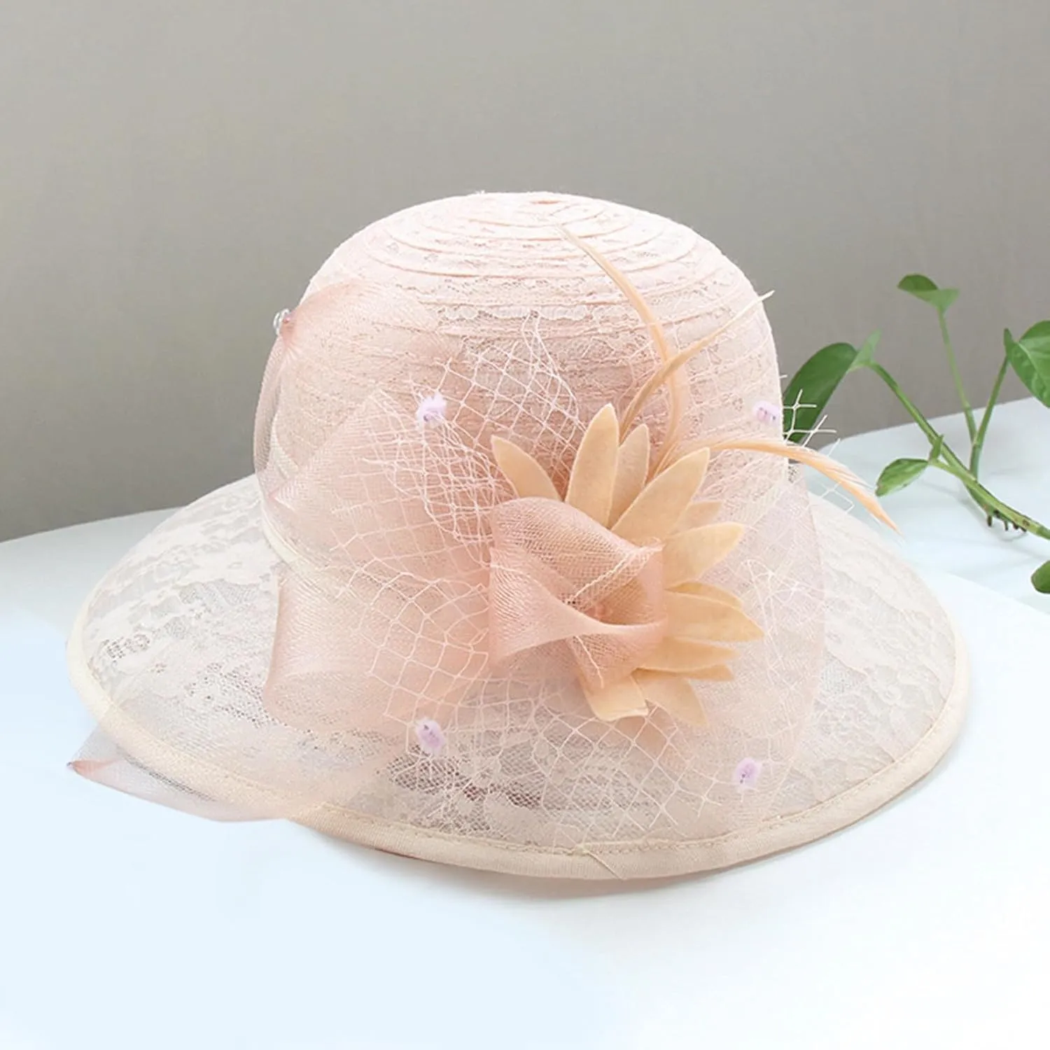 Women's Lace Mesh Flower Top Hat Summer Shade Foldable Sunblock Basin Hat Outdoor Large Rim Beach Sun Wicker Hat