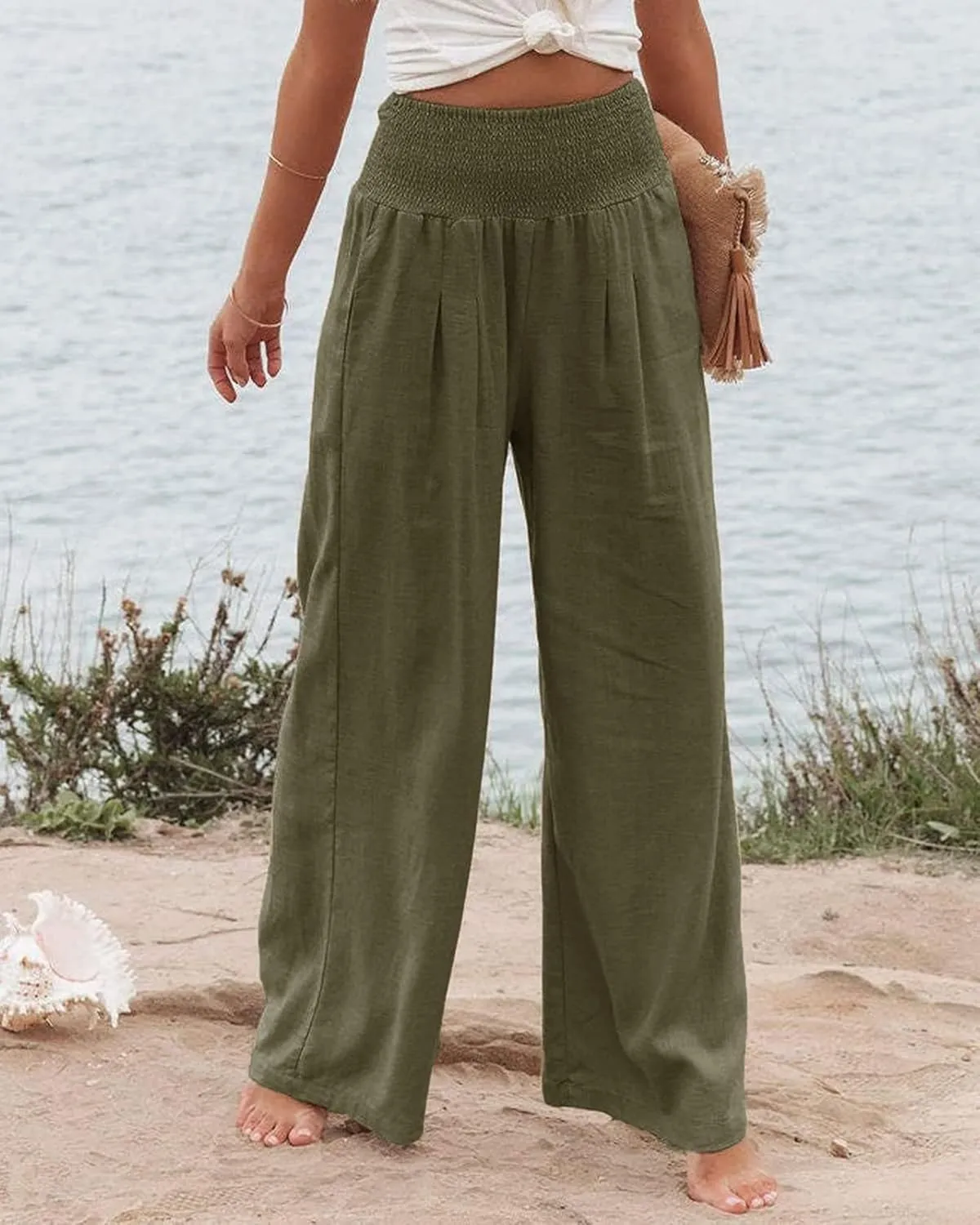 Womens Linen Palazzo Pants Boho Summer Lounge Pant Wide Leg High Waist Casual Pants Beach Travel Vacation Outfits