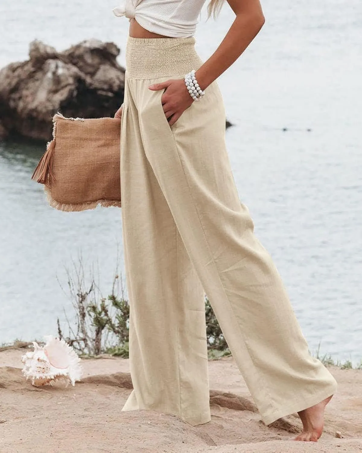 Womens Linen Palazzo Pants Boho Summer Lounge Pant Wide Leg High Waist Casual Pants Beach Travel Vacation Outfits