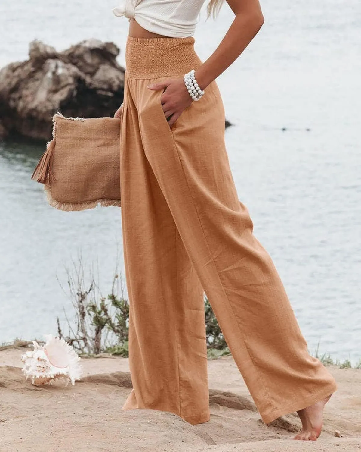 Womens Linen Palazzo Pants Boho Summer Lounge Pant Wide Leg High Waist Casual Pants Beach Travel Vacation Outfits