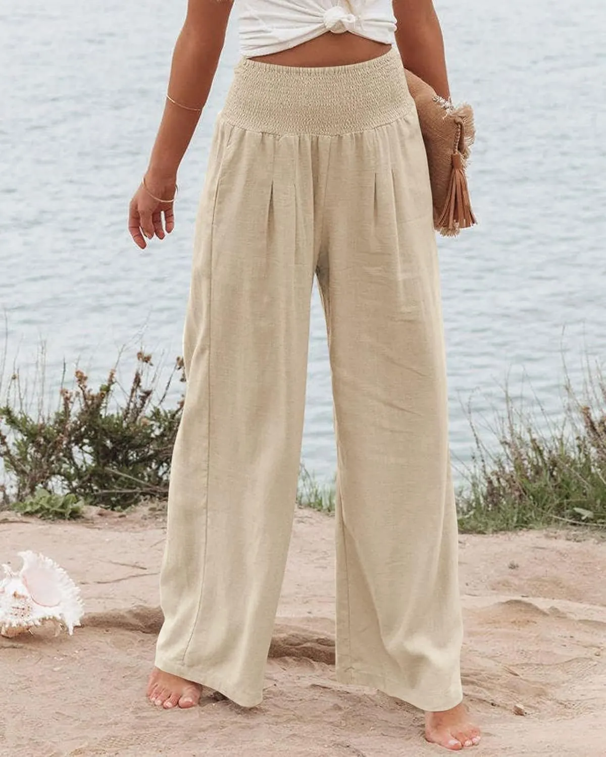 Womens Linen Palazzo Pants Boho Summer Lounge Pant Wide Leg High Waist Casual Pants Beach Travel Vacation Outfits