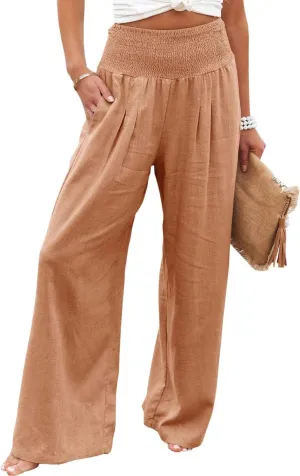 Womens Linen Palazzo Pants Boho Summer Lounge Pant Wide Leg High Waist Casual Pants Beach Travel Vacation Outfits