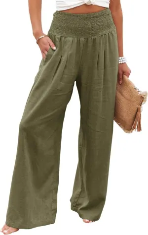 Womens Linen Palazzo Pants Boho Summer Lounge Pant Wide Leg High Waist Casual Pants Beach Travel Vacation Outfits
