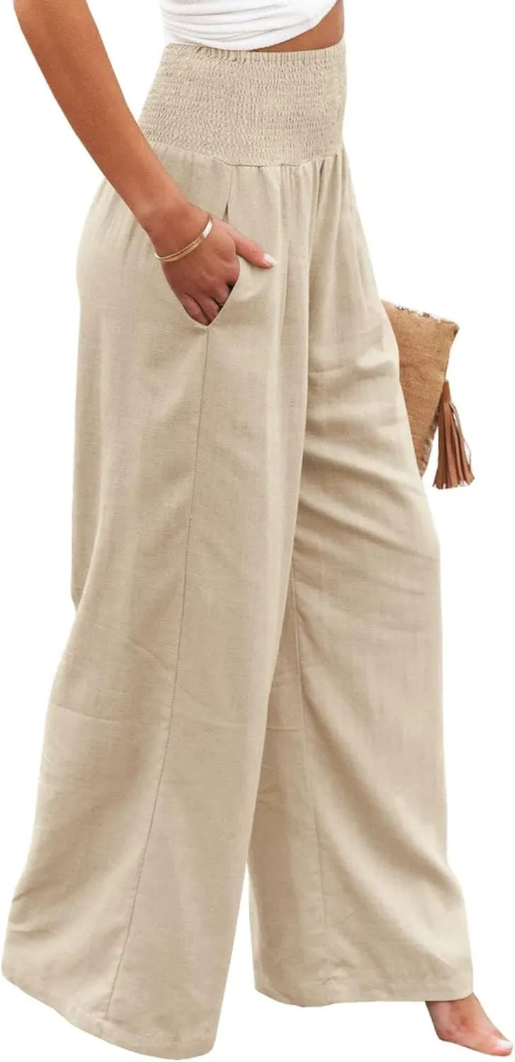 Womens Linen Palazzo Pants Boho Summer Lounge Pant Wide Leg High Waist Casual Pants Beach Travel Vacation Outfits