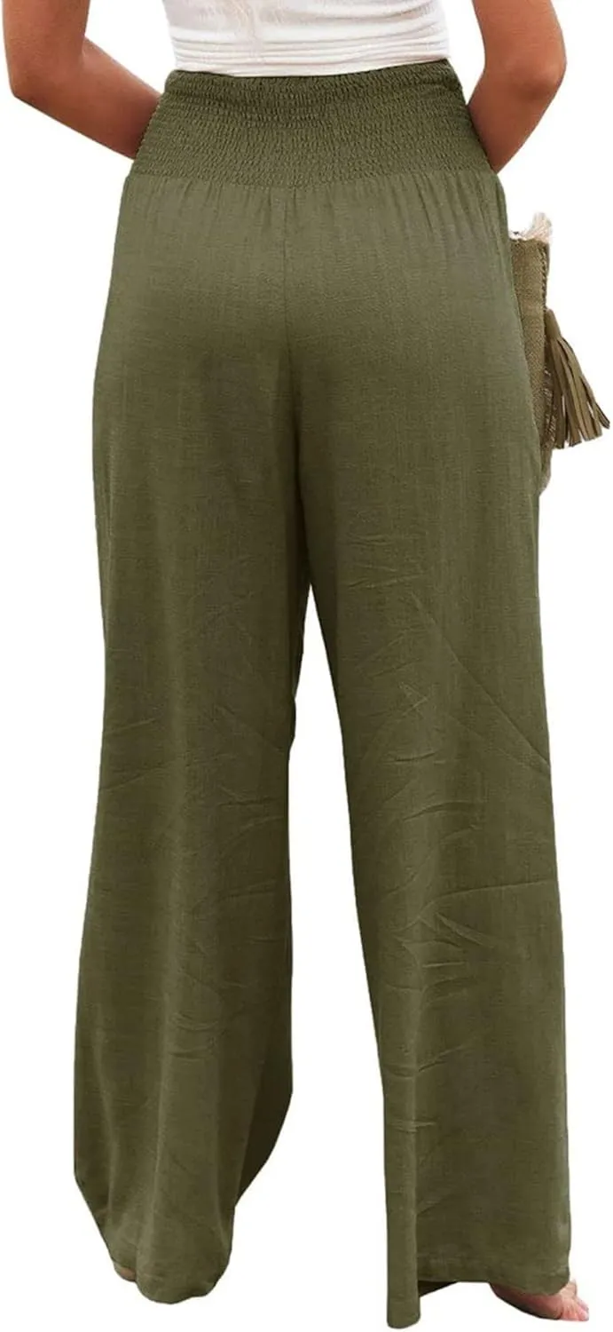 Womens Linen Palazzo Pants Boho Summer Lounge Pant Wide Leg High Waist Casual Pants Beach Travel Vacation Outfits