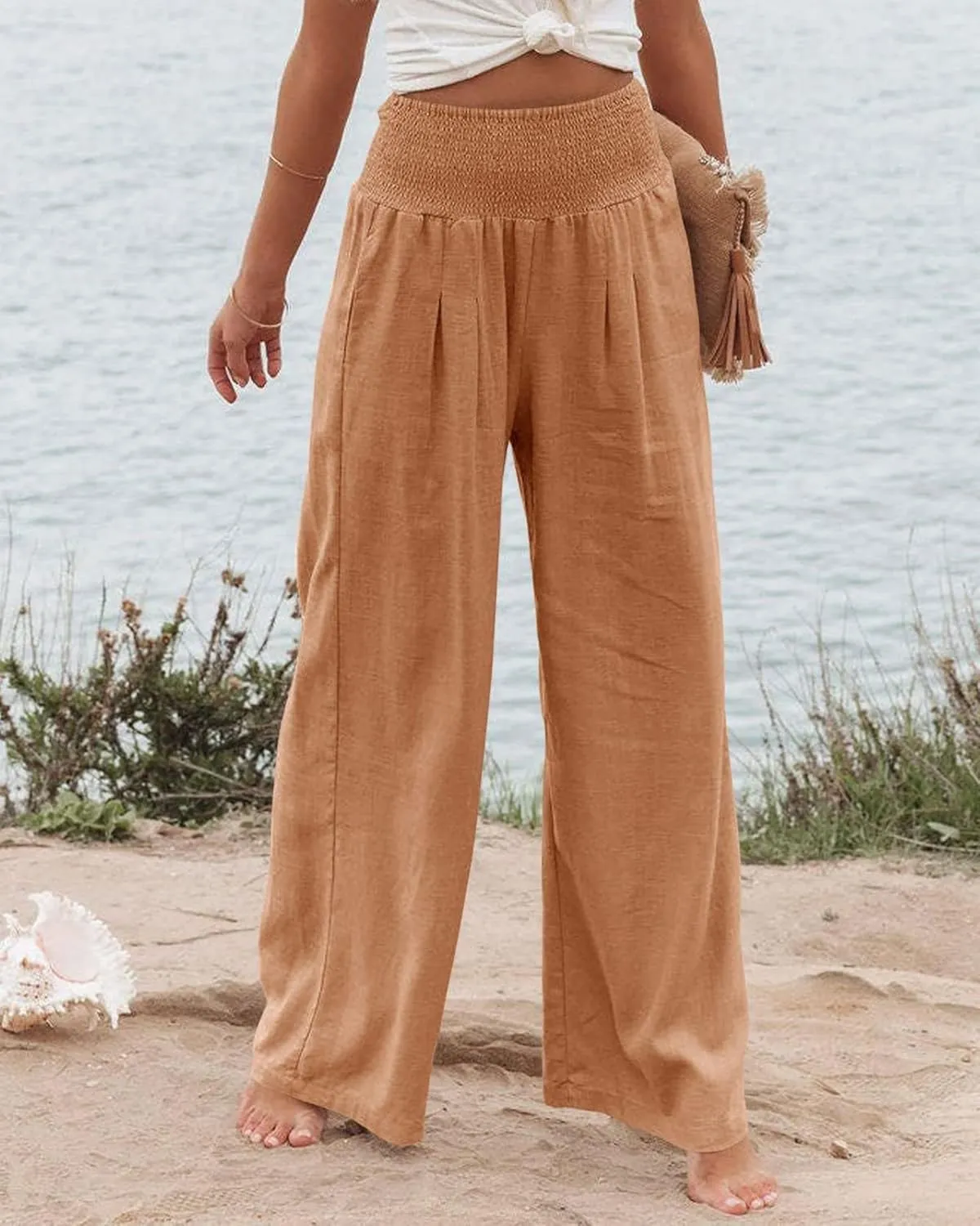 Womens Linen Palazzo Pants Boho Summer Lounge Pant Wide Leg High Waist Casual Pants Beach Travel Vacation Outfits