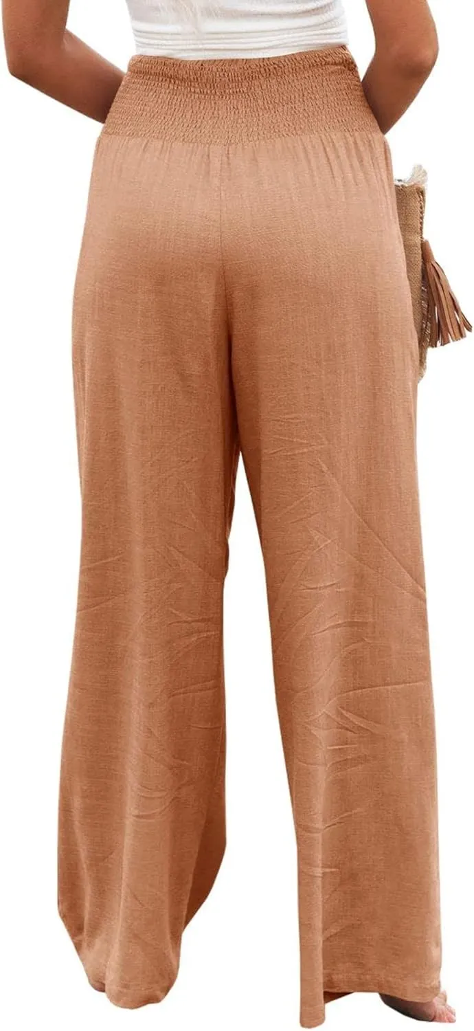 Womens Linen Palazzo Pants Boho Summer Lounge Pant Wide Leg High Waist Casual Pants Beach Travel Vacation Outfits