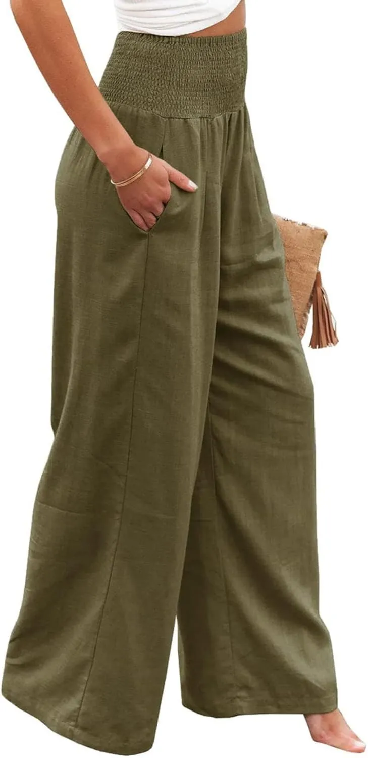 Womens Linen Palazzo Pants Boho Summer Lounge Pant Wide Leg High Waist Casual Pants Beach Travel Vacation Outfits