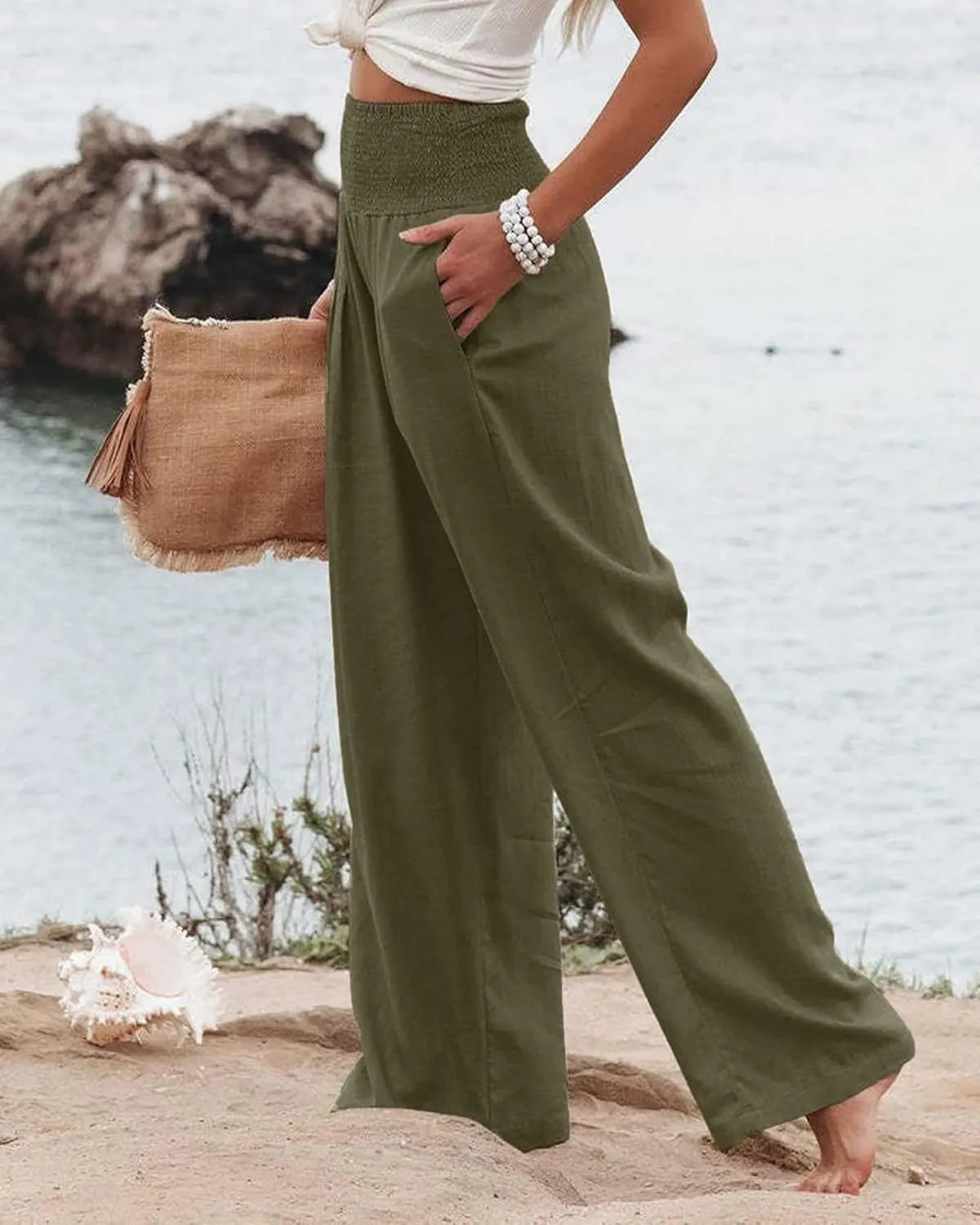 Womens Linen Palazzo Pants Boho Summer Lounge Pant Wide Leg High Waist Casual Pants Beach Travel Vacation Outfits