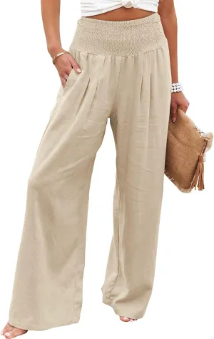 Womens Linen Palazzo Pants Boho Summer Lounge Pant Wide Leg High Waist Casual Pants Beach Travel Vacation Outfits
