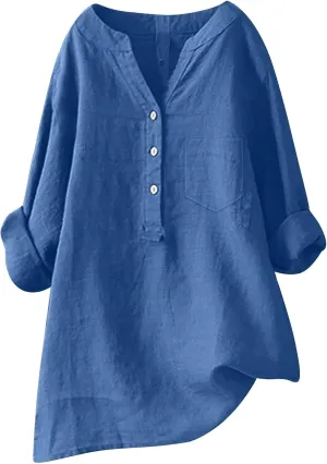 Women's Linen Shirts Summer Linen Embroidery Floral Short Sleeve T Shirts Casual Loose Henley V Neck Blouses