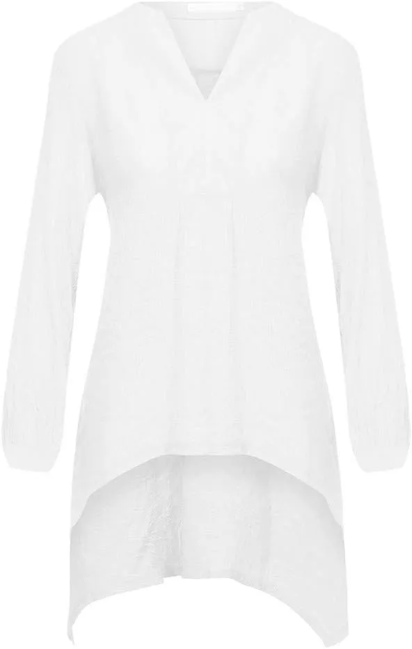 Women's Linen Shirts V-Neck Button Down Blouse Floral Print Beach Tshirt Long Sleeve Loose Fit T Shirt