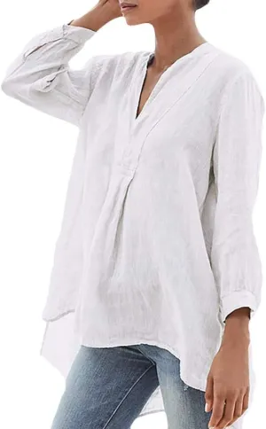 Women's Linen Shirts V-Neck Button Down Blouse Floral Print Beach Tshirt Long Sleeve Loose Fit T Shirt