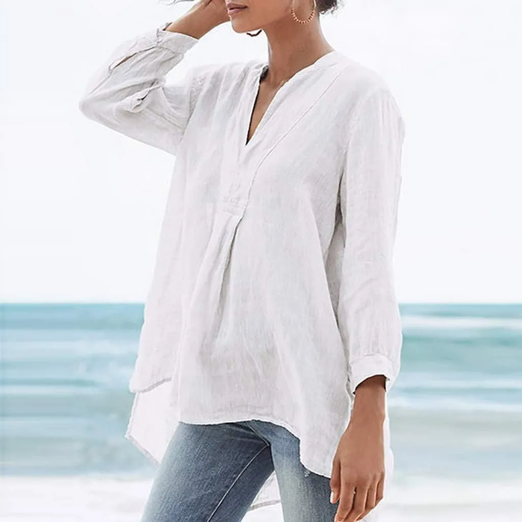 Women's Linen Shirts V-Neck Button Down Blouse Floral Print Beach Tshirt Long Sleeve Loose Fit T Shirt
