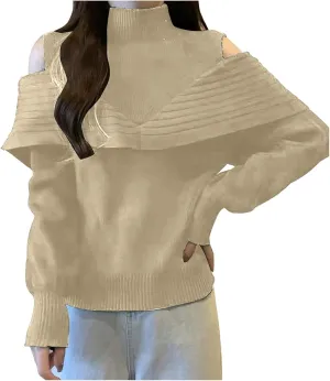 Womens Off Shoulder Sweaters Turtleneck Oversized Batwing Sweaters Sexy Pullover Knit Sweater Thin V Neck Sweater