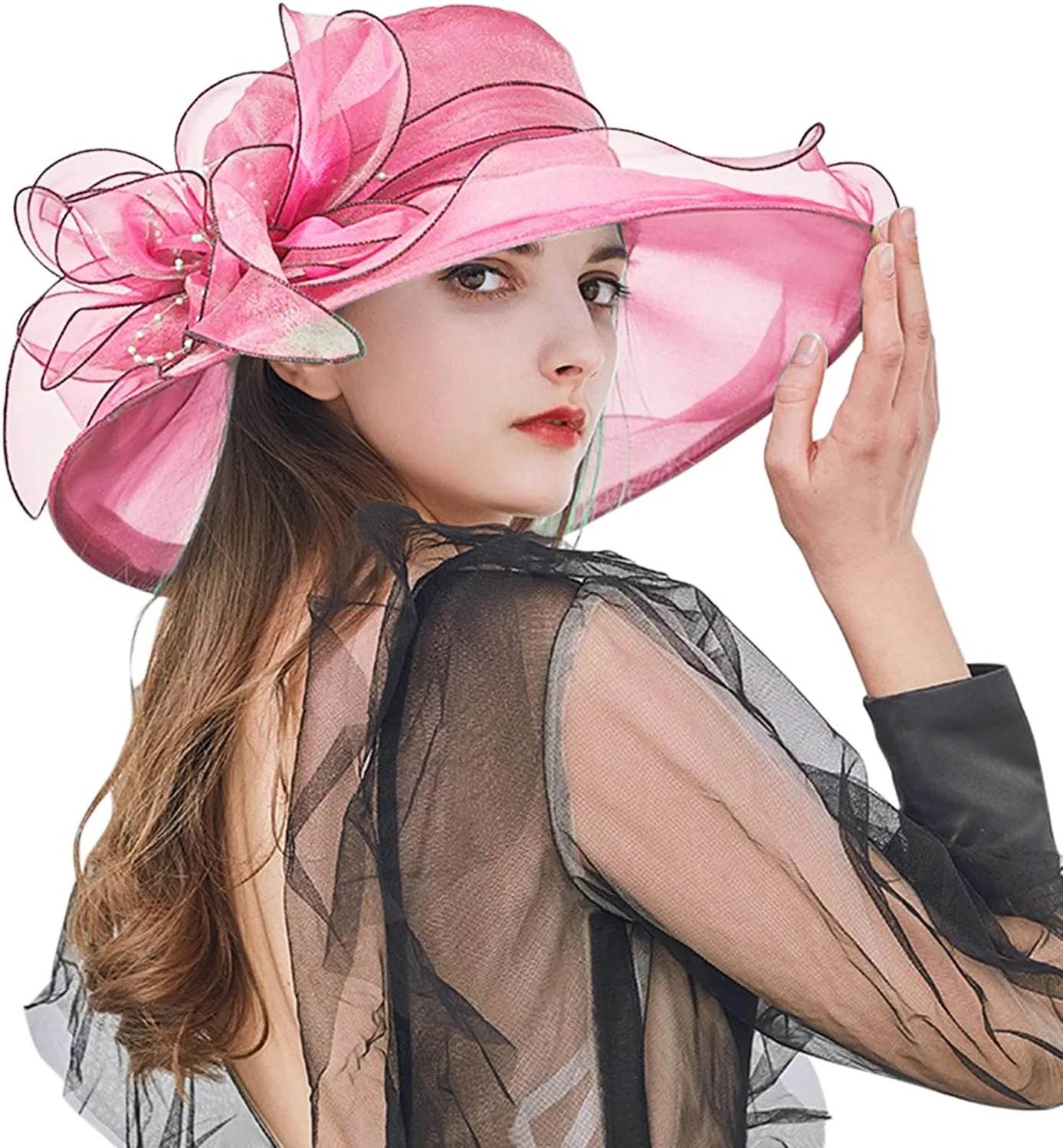 Womens Organza Kentucky Hats Derby Church Hat Fascinator Bridal Tea Party Wedding Hat Ladies Casual Wide Brim Beach Sun Hats