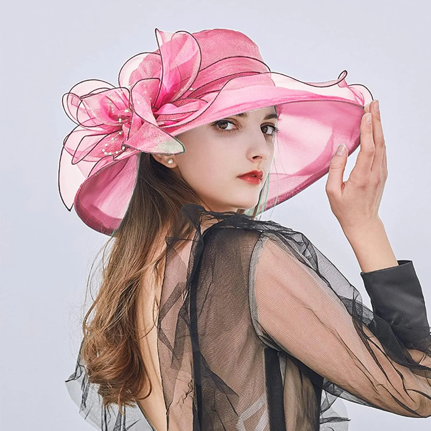 Womens Organza Kentucky Hats Derby Church Hat Fascinator Bridal Tea Party Wedding Hat Ladies Casual Wide Brim Beach Sun Hats