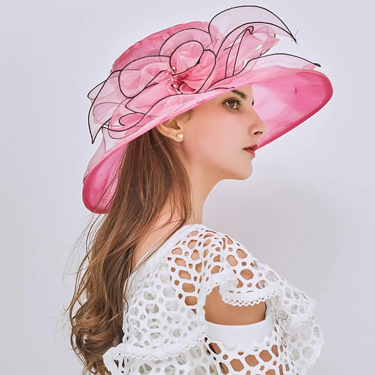 Womens Organza Kentucky Hats Derby Church Hat Fascinator Bridal Tea Party Wedding Hat Ladies Casual Wide Brim Beach Sun Hats