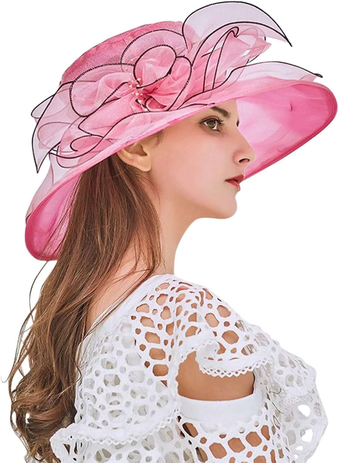 Womens Organza Kentucky Hats Derby Church Hat Fascinator Bridal Tea Party Wedding Hat Ladies Casual Wide Brim Beach Sun Hats
