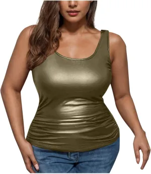Women's Plus Size Faux Leather Slim Fit Tank Top Round Neck Sleeveless Shirts Going Out Streetwear Party Clubwear