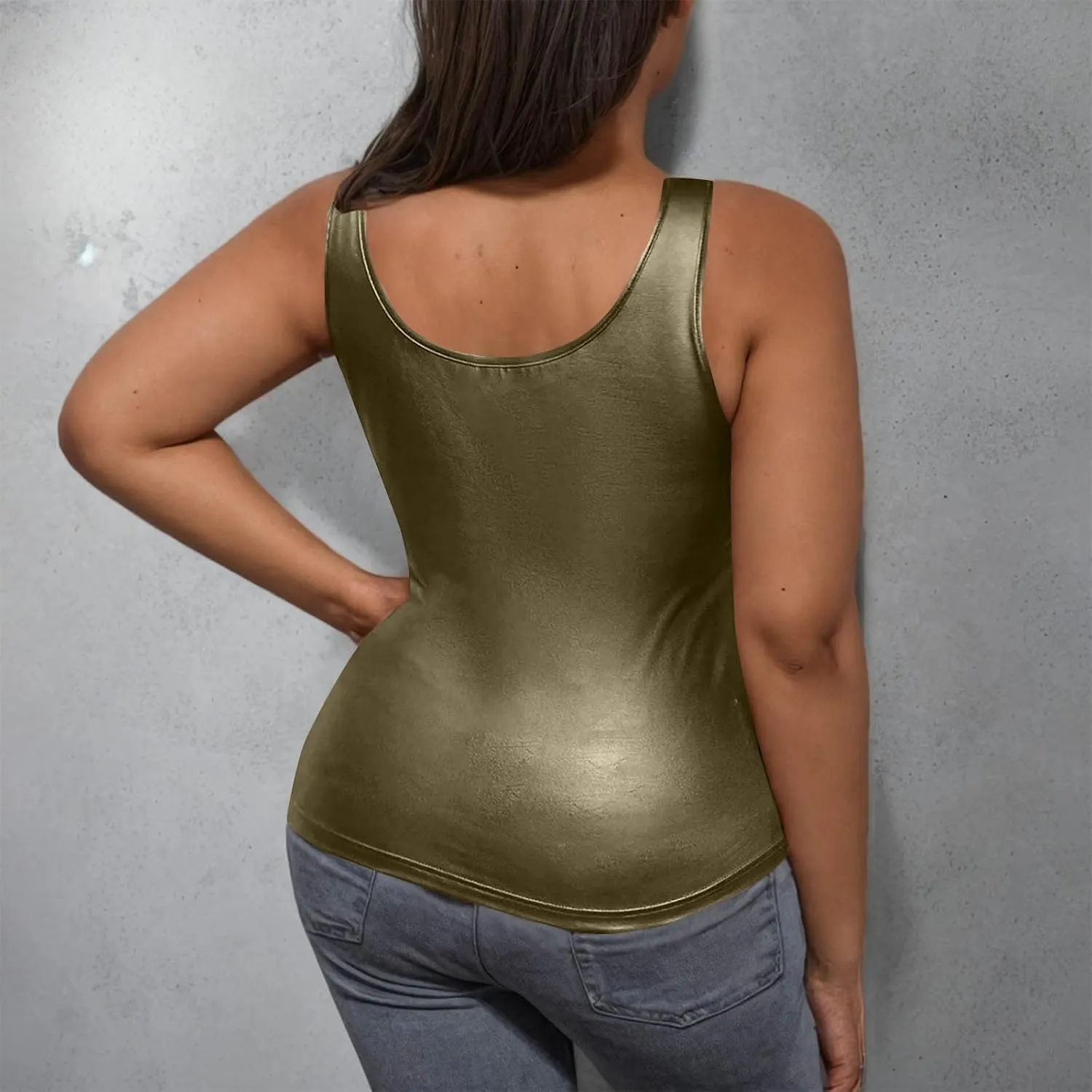 Women's Plus Size Faux Leather Slim Fit Tank Top Round Neck Sleeveless Shirts Going Out Streetwear Party Clubwear
