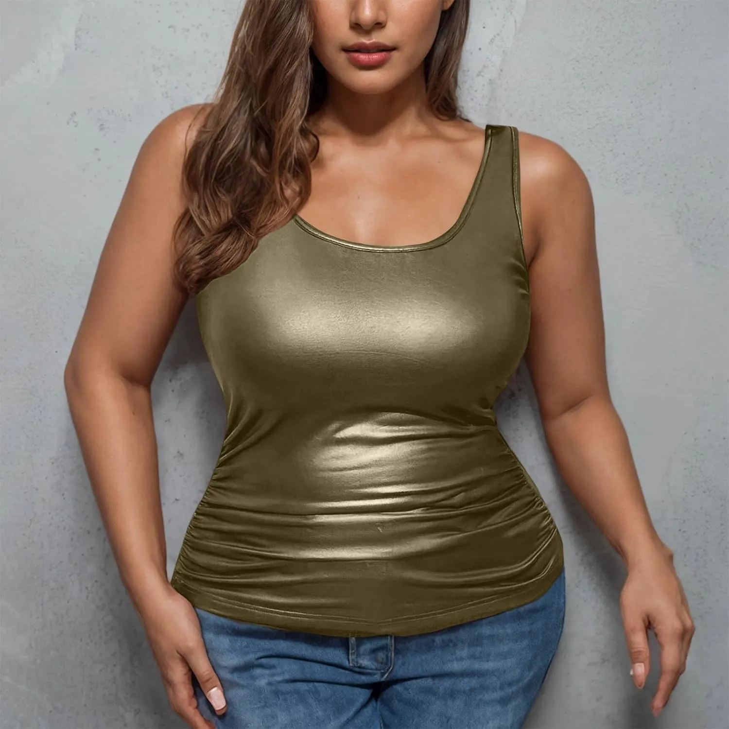 Women's Plus Size Faux Leather Slim Fit Tank Top Round Neck Sleeveless Shirts Going Out Streetwear Party Clubwear