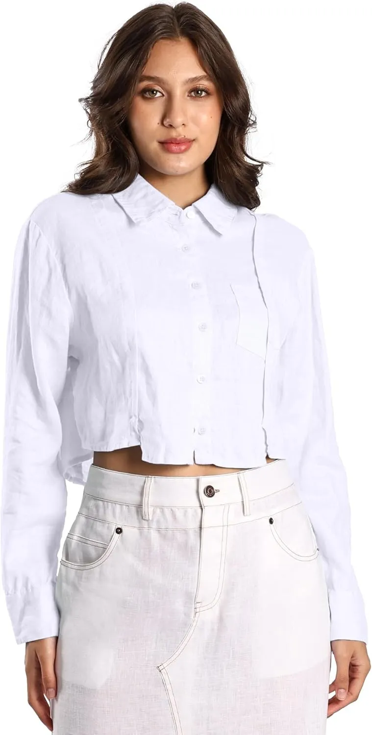 Womens Pure Linen Shirt Cropped Button Down Long Sleeve Trendy Blouse
