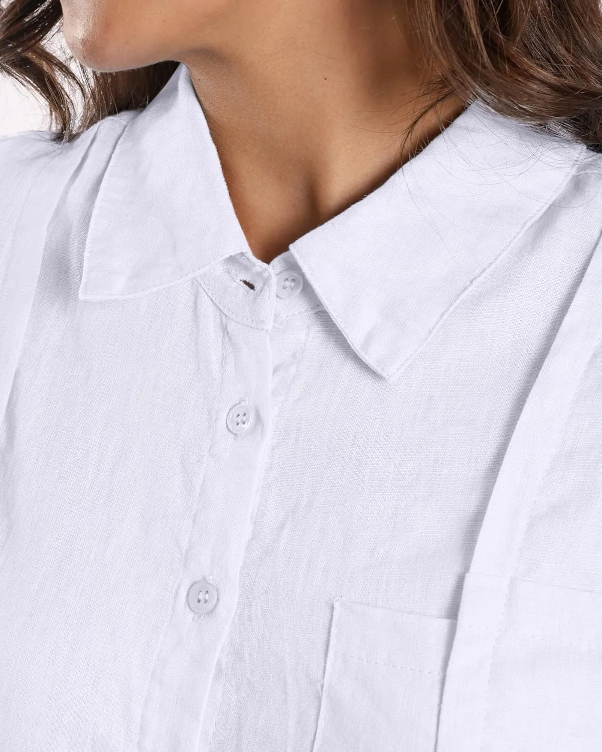 Womens Pure Linen Shirt Cropped Button Down Long Sleeve Trendy Blouse