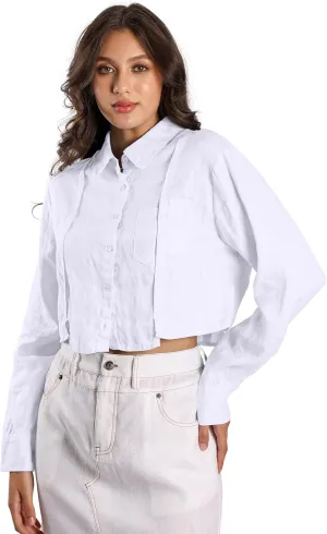 Womens Pure Linen Shirt Cropped Button Down Long Sleeve Trendy Blouse
