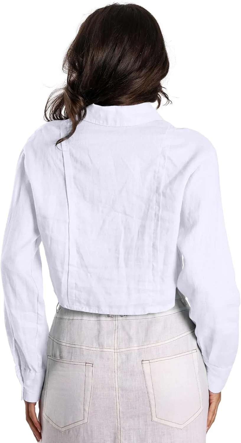 Womens Pure Linen Shirt Cropped Button Down Long Sleeve Trendy Blouse