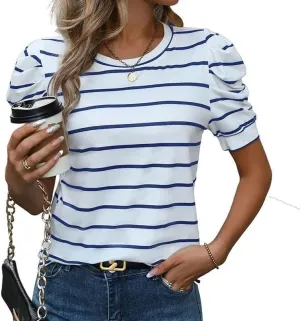 Women's Short Puff Sleeve Summer Tops Trendy Crewneck Striped Shirts Casual Pullover Blouses